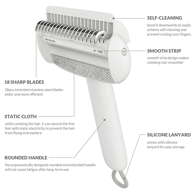 Self Cleaning Grooming Brush for Shedding Pets Rake Gently Removes Loose Undercoat Mats Tangled (White)