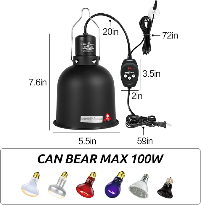 REPTI ZOO Reptile Light Fixture with Dimming Thermostat, 5.5 Inch Deep Dome Lamp Fixture with Temperature Controller for Reptile Heat Lamp Bulb, Max 100W