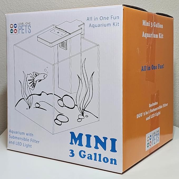 Level One Pets 3 Gallon Mini Aquarium Kit - Includes Duo 2 in 1 Submersible Filter with LED Light