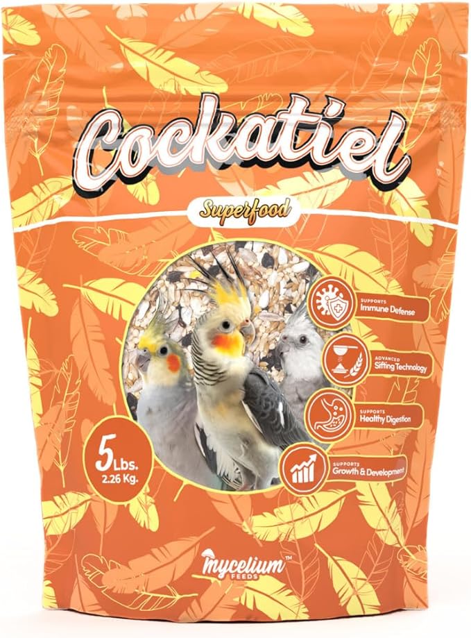 Mycelium Organic Cockatiel Superfood Bird Seed (5 LBS) | Premium Bird Food for Cockatiels & Small Parrots | Supports Immunity, Digestion & Development | Non-GMO, No Fillers, Made in USA