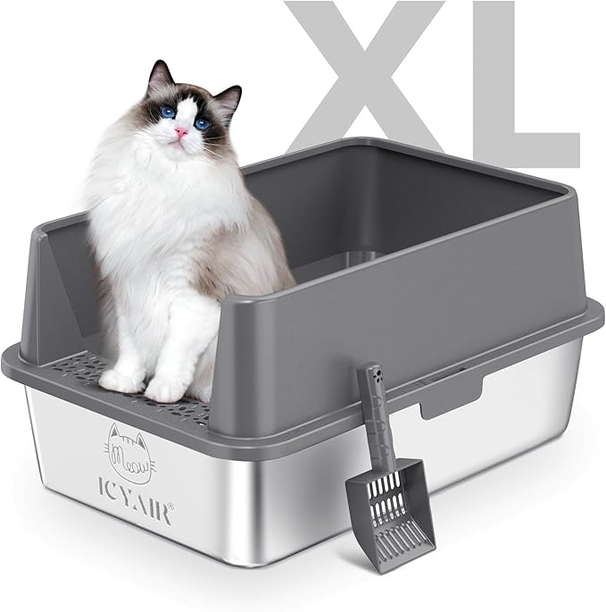 Stainless Steel Cat Litter Box with High Sides Lid, Extra Large XL Litter Box for Big Cats,Enclosed Metal Kitty Litter Pan with Anti-Leakage Enclosure, Non-Stick, Odorless,Scoop Included (Dark Grey)…