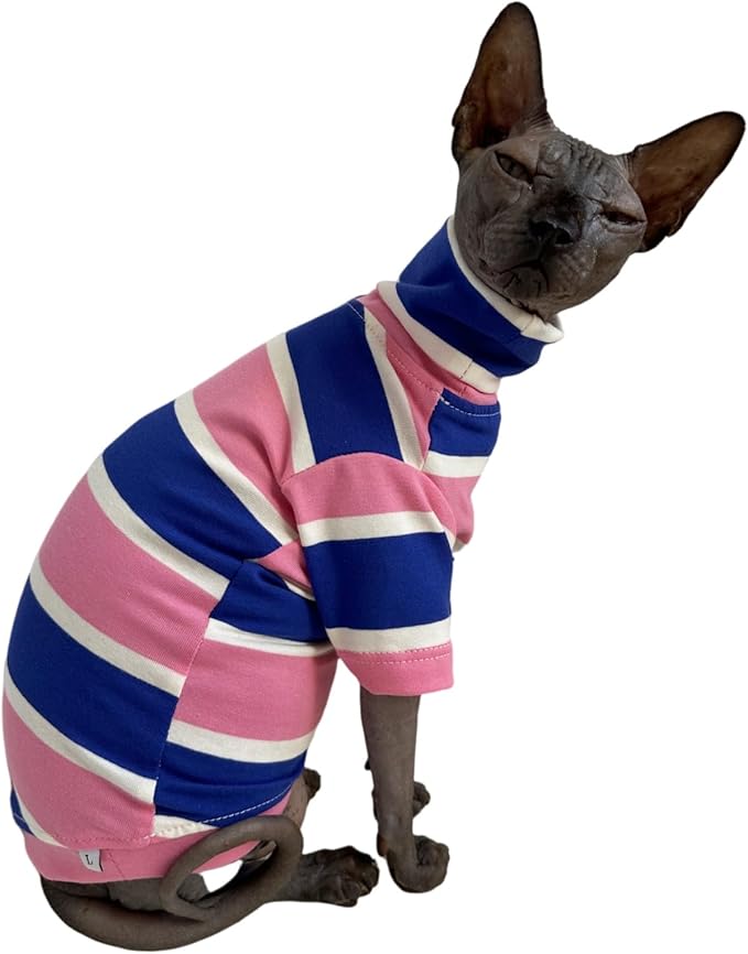 Vintage Stripes Sphynx Hairless Cats Shirt Cotton Cat Turtleneck Pet Clothes Kitten T-Shirts with Sleeves for Sphynx Cats (Wide Pink Blue Stripe, Large)