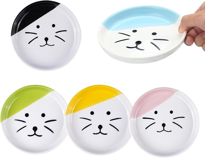 Cat Food Bowl, Healthy Ceramic Cat Food and Water Bowl for Indoor Cat, Puppies, Anti Whiskers FatigueCat Dishes Set, Shallow Cat Food Dish for Wet Food, Cat Treat Plate, Dishwasher Safe, 5 Pcak