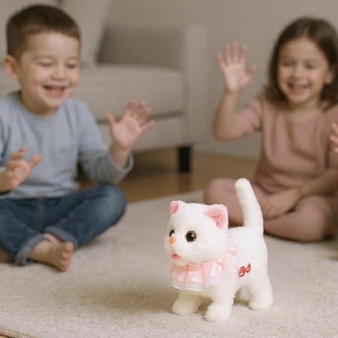 Easfan 7" Walking Plush Kitty Toy Stuffed Animal Electric Interactive with Dress Talking Musical Cute Plush Toy White Cat Tail Wagging Christmas Birthday Gifts for Kids Toddlers