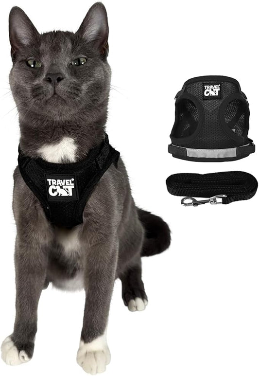 Travel Cat Harness and Leash Set - Adjustable Fit Mesh Cat Harness and Reflective Strap - Comfort Walking Vest for Kitten for Outdoor Walking, Hiking (Extra Small, Black)