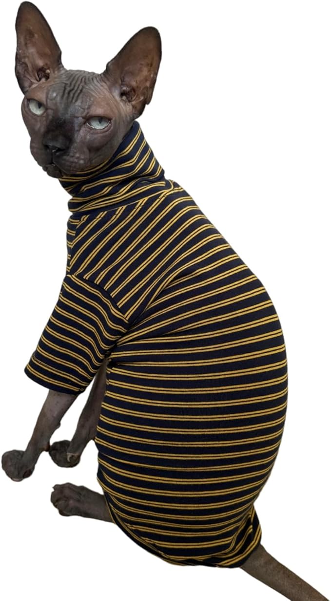 Vintage Stripes Sphynx Hairless Cats Shirt Cotton Cat Turtleneck Pet Clothes Kitten T-Shirts with Sleeves for Sphynx Cornish Rex, Devon Rex, Peterbald (Yellow Black, X-Small (Pack of 1))