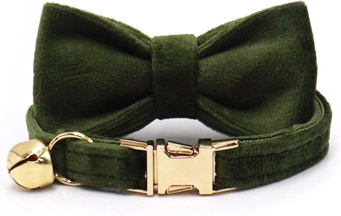 Personalized Cat Collar with Bells,Velvet Customized Small Cat Collar with Name Tag,Pet Collar with Name Phone Number Engraved ID Tags for Boy and Girl Kitten Cats (Deep Green)