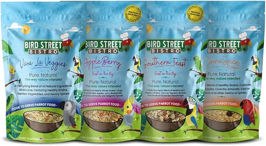 Bird Street Bistro Parrot Food Sample 4 Pack - Parakeet Food - Cockatiel Food - Bird Food - Cooks in 3-15 min w/Natural & Organic Grains - Healthy, Non-GMO Fruits, Healthy Orientated Spices