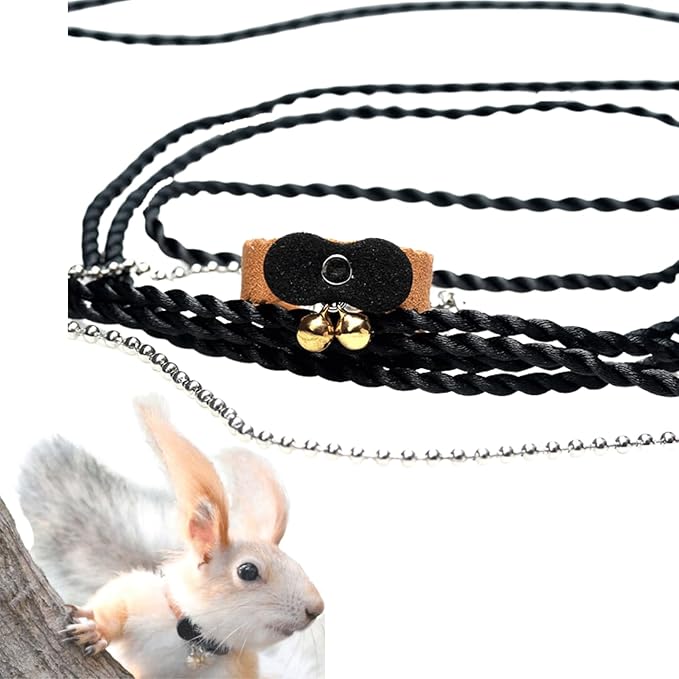 Squirrel Chipmunk Traction Rope Strap Anti-Biting Chain Rope, Small Animal Walking Collar Harness with Lead Leash for Hamster Gerbil Rat Mouse Ferret Chinchilla (Black with Yellow)