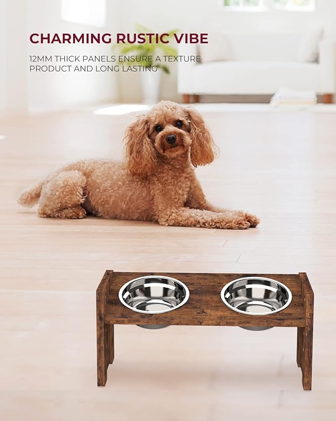 Vantic Elevated Dog Bowls, Adjustable Raised Dog Bowl Stand for Small Puppy and Cats, Sturdy Pet Food Feeder with 2 Stainless Steel Dishes, Rustic Brown