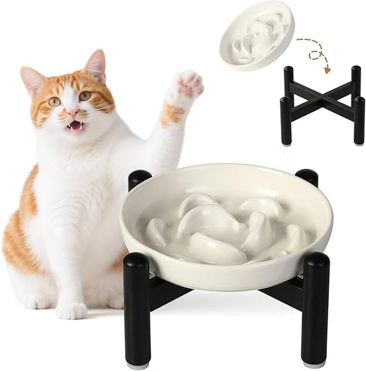 Elevated Slow Feeder Cat Bowl - Ceramic Cat Food Dish with Anti-Slip Stainless Steel Stand - Raised Maze Plate for Slow Eating - Ivory White
