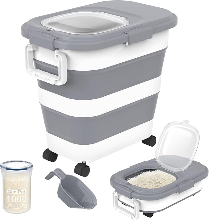HOYTAMDA 25-35Lbs Rice Container,Collapsible Airtight Food Storage Containers with Wheels,Handle,Rice Storage Container with Small Bin and Scoop,Rice Dispenser for Flour Sugar Cereal Grain Dog Cat