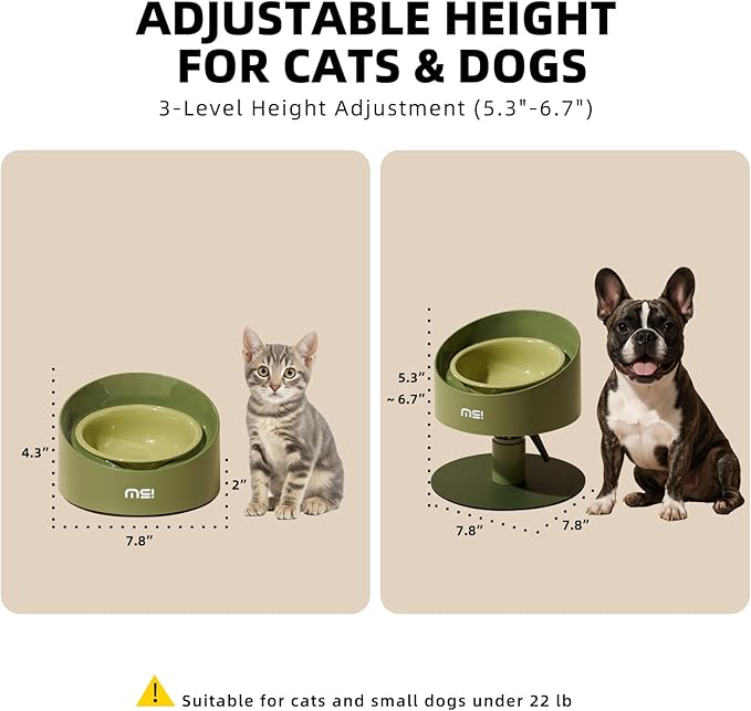 MS!MAKE SURE Adjustable Raised Cat Bowls, Ceramic Elevated Cat Bowls, Pet Bowl with Anti - Slip Rubber Pad, Leak - Proof, Lead & Cadmium Free, Whisker - Friendly, for All Life Stages of Age Green