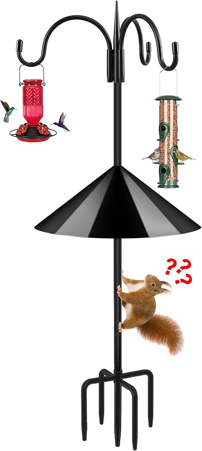 FEED GARDEN 92 Inch Adjustable Shepherd Hook with Squirrel Baffles Heavy Duty Garden Hooks 5-Prong Base Bird Feeder Pole with Three Hooks for Hanging Plant Baskets Solar Lights Lanterns