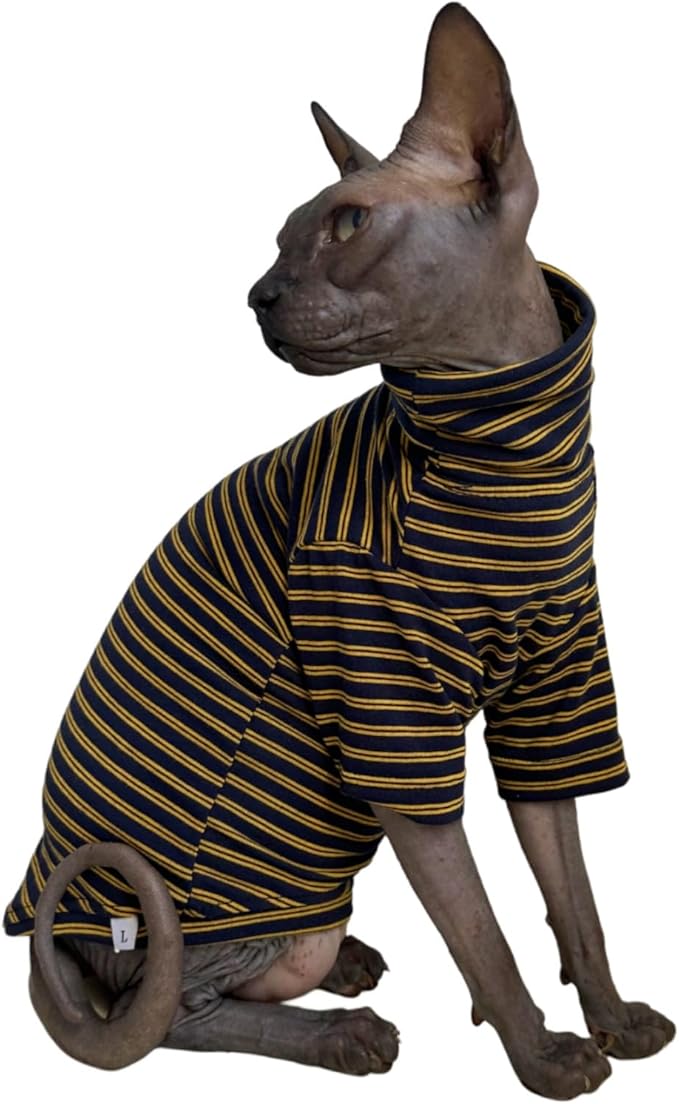 Vintage Stripes Sphynx Hairless Cats Shirt Cotton Cat Turtleneck Pet Clothes Kitten T-Shirts with Sleeves for Sphynx Cornish Rex, Devon Rex, Peterbald (Yellow Black, X-Small (Pack of 1))