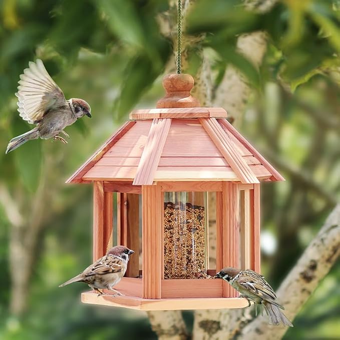 Large Gazebo Hanging Bird Feeders for Outside Clearance - Aromatic Red Cedar Birdfeeder for Outdoor- Lifetime Durability - Flythrough Bird Feeding Station - All Birds Available (6 Lbs Capacity)