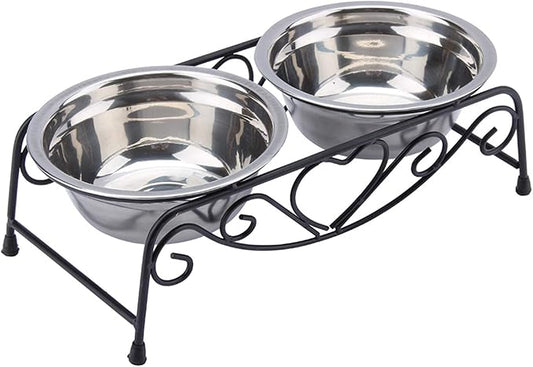 Elevated Dog Cat Bowls, Stainless Steel Double Dog Cat Food Water Bowls Feeder Dishes with Retro Iron Stand Pets Raised Double Dish Feeder Pet Bowls for Small Dogs and Cats