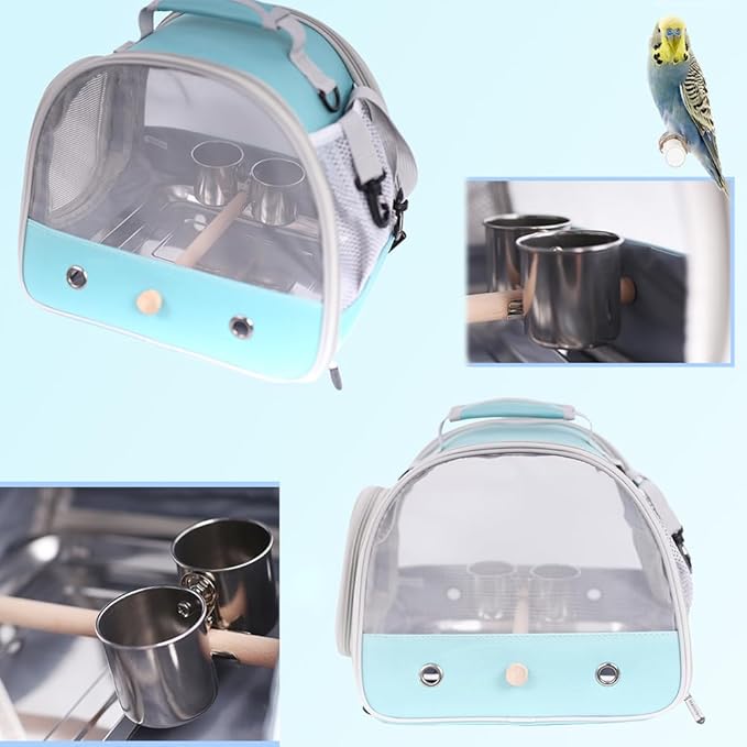 Bird Feeder Cups with Clamp Mount on Standing Perch, 2 Stainless Steel Cups for Food and Water, Compatible for halinfer's All Bird Carrier and Backpack Wooden and Rope Perch