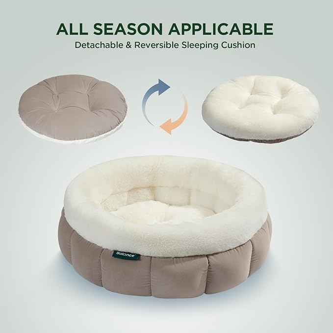 BALANCE Cat Beds for Indoor Cats, Washable Round Dog Bed, Donut Dog Bed with Anti-Slip Bottom for Small Dogs, 28 Inches, Goat
