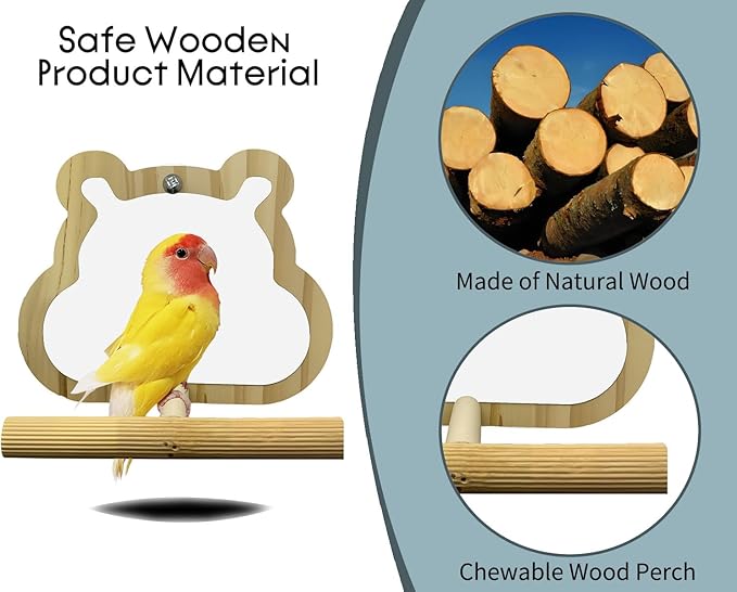 Wooden Bird Mirror with Perch for Cage, Parakeet Toys, Budgie Interactive Toys,Bird Cage Accessories for Parrots Cockatiel Conure Lovebirds Finch Canaries