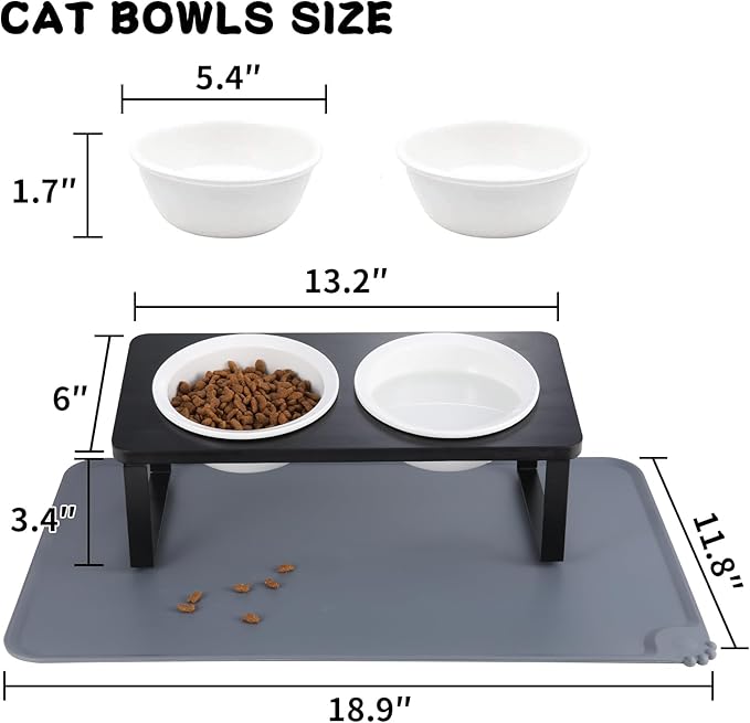 Elevated Whisker Friendly Cat Bowls, 15 Tilted Stand Anti Vomiting Raised Dishes for Food and Water,2 Ceramic Bowls for Cats and Puppy,Black