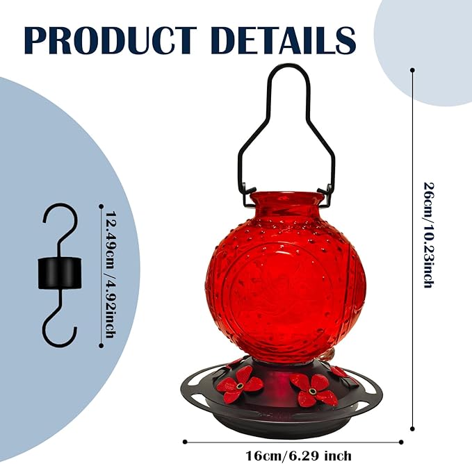 Glass Hummingbirds Feeder for Outdoors Hanging,23 OZ Humming Birds Feeder for Outside,Hummingbird Gifts(Red Bird)