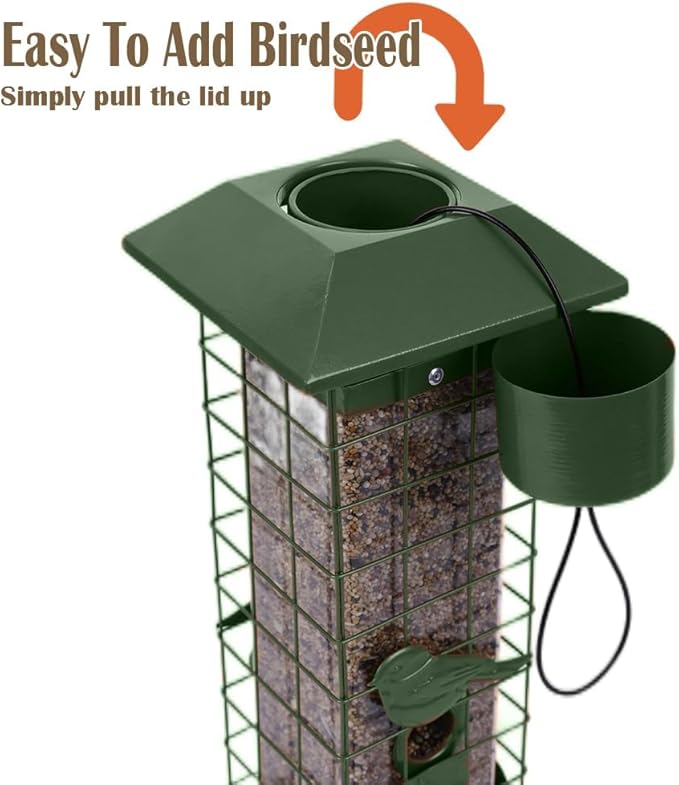 Squirrel Proof Bird Feeders for Outdoors, Metal Wild Bird Feeder for Outside Hanging, 4 Ports Perches, 3LB Large Capacity (Green)