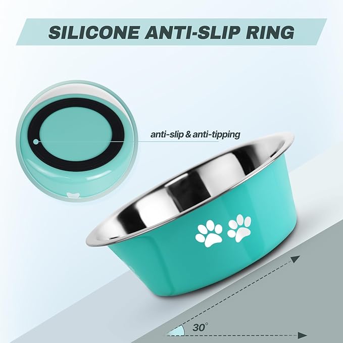 Stainless Steel Dog Bowls, Nonslip Rubber Bottom No Spill Proof Skid Metal Insulated Dog Bowls for Large Medium Small Breed Dogs (Green, 3.6 Cups/29 OZ)