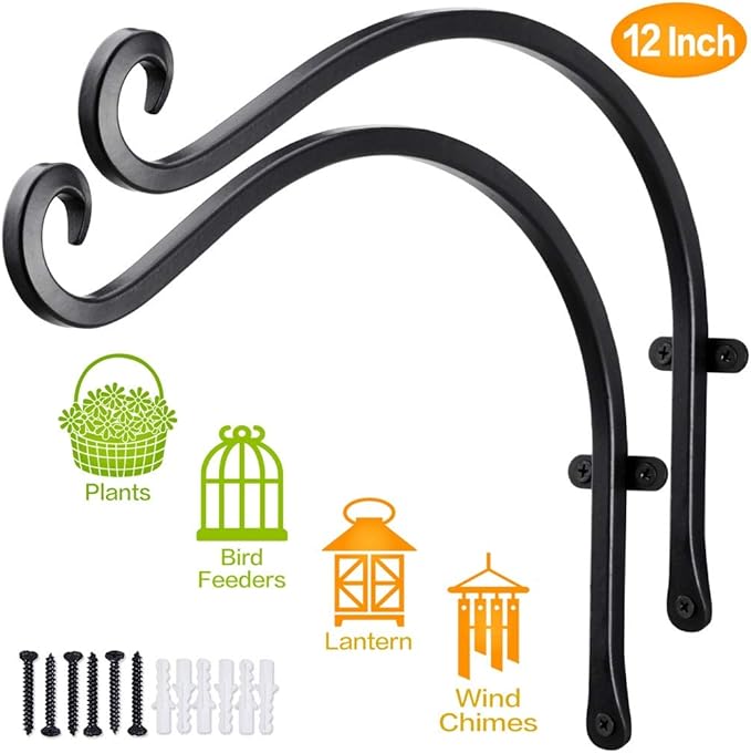 Bird Feeder Hanger: 12-Inch Wall-Mounted Plant Bracket Outdoor - 4 Pieces Black Plant Hooks for Hanging Flower Baskets