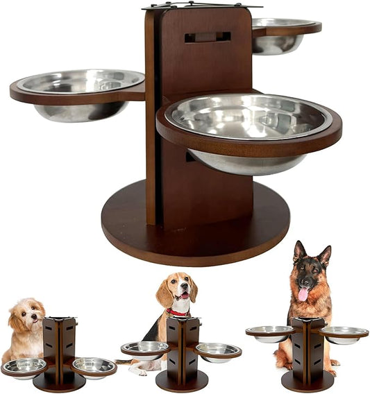 Adjustable 3-in-1 Elevated Dog Bowls, Bamboo Dog Bowl Stand (3.6"/6.3"/9.2") with 3 Stainless Steel Bowls, 3 Heights Adjustable Pet Feeding Station for Cats/Small/Medium/Large Dogs