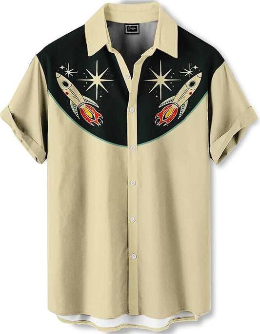 Men’s Hawaiian Shirt Western Cowboy Symmetrical Print Short Sleeve Button Down Casual Beach Holiday Summer Shirt