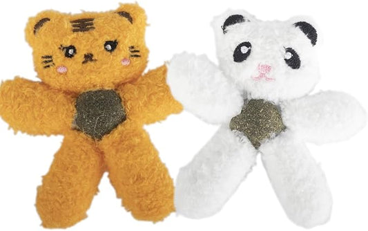 Cat Toys with Catnip Kitten Chew Bite Supplies Boredom Relief Fluffy Kitty Teeth Cleaning Chewing Cat Lovers Interactive Plush Gift (Tiger&Panda)