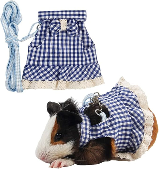 Guinea Pig, Ferret, Hamster, Rat Plaid Harness and Leash Set, Adjustable No Pulling Walking Vest, Large, Blue