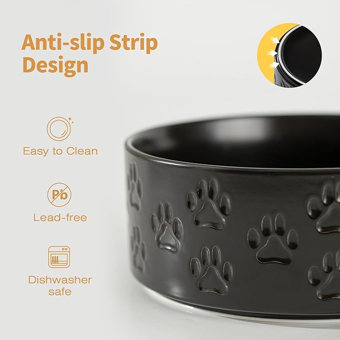 Ceramic Dog Bowl Set, 6.1" Dog Bowls with Anti-Slip Rings for Small Breed Dogs, 3.5 Cup Food and Water Bowls, Pet Dishes for Small-Sized Dogs, Microwave Safe (Double Bowls - Black, 6 inch)