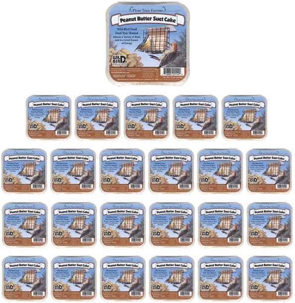 Pine Tree Farms Peanut Butter Suet Cakes – 12 oz Each, Pack of 24 – Wild Bird Food with Suet, Peanuts & Peanut Butter – High-Energy Suet Cakes for Songbirds, Woodpeckers, Chickadees & Nuthatches