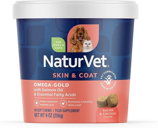 NaturVet – Omega-Gold Plus Salmon Oil | Supports Healthy Skin & Glossy Coat | Enhanced with DHA, EPA, Omega-3 & Omega-6 | for Dogs & Cats | 90 Soft Chews