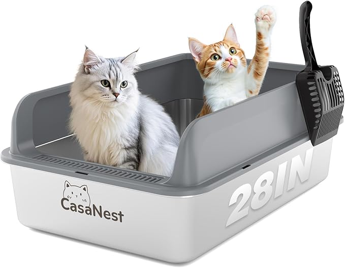XXXL Stainless Steel Cat Litter Box 28.1''×20.5''× 10.1” Extra Large Metal Cat Litter Box for Big, Multi Cats, Anti-Leakage & Non-Stick Metal Pan, Easy to Clean, Durable (Dark Grey