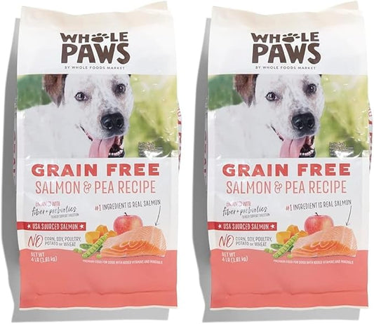 Whole Paws, Grain-Free Dry Dog Food, Salmon & Pea Recipe, Enhanced with Fiber & Prebiotics, 4 lb (Pack of 2)