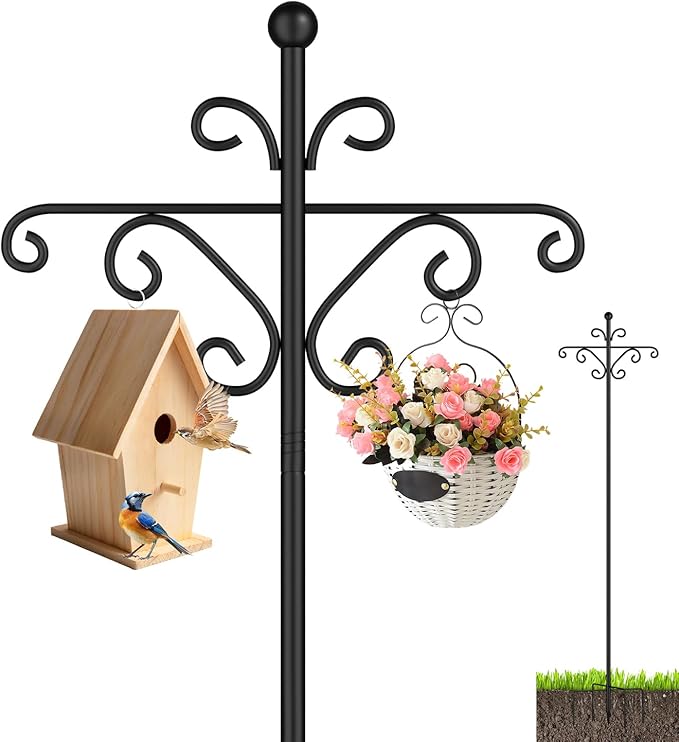 108 Inch Shepherds Hooks for Outdoor, Multiple Hook Adjustable Bird Feeder Pole,Garden Pole Hanger Stands with 5 Base Prongs for Hummingbird Feeder,Plant Basket, Solar Lantern Lights,Wind Chimes
