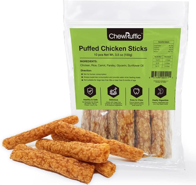 Chicken Dog Chew Sticks, Puffed Human Grade Dog Treat Sticks, Rawhide Alternative, Easy to Digest 10pcs/Pack