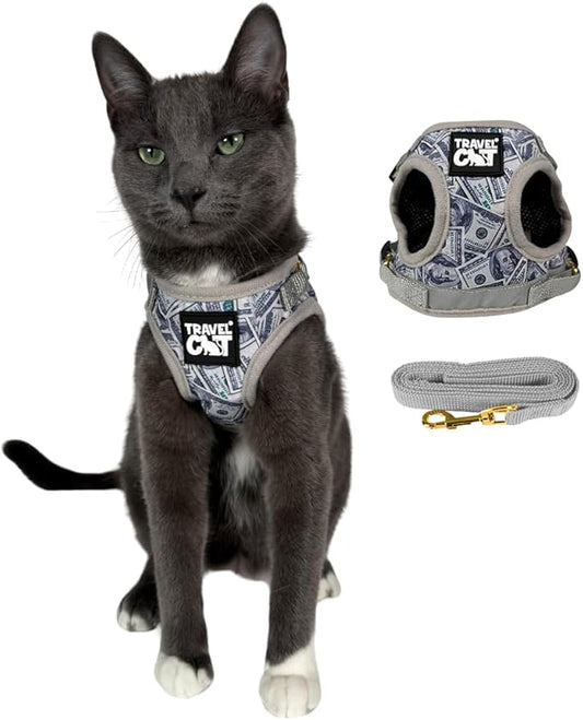 Travel Cat Harness and Leash Set - Adjustable Fit Mesh Cat Harness and Reflective Strap - Comfort Walking Vest for Kitten for Outdoor Walking, Hiking (Small, Cash)