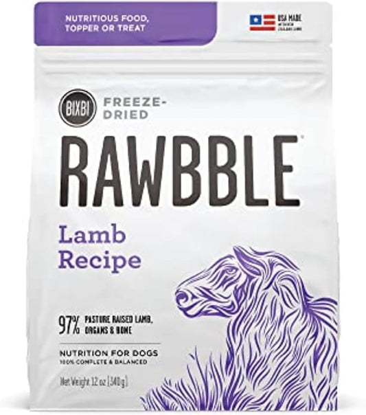 BIXBI Rawbble Freeze Dried Dog Food, Lamb Recipe, 12 oz - 97% Meat and Organs, No Fillers - Pantry-Friendly Raw Dog Food for Meal, Treat or Food Topper - USA Made in Small Batches
