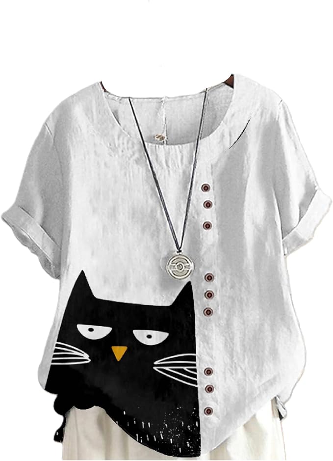 Japanese Print Women Summer Shirts Flower Bird Graphic Plus Size Tunic Tops Crewneck Short Sleeve Blouses