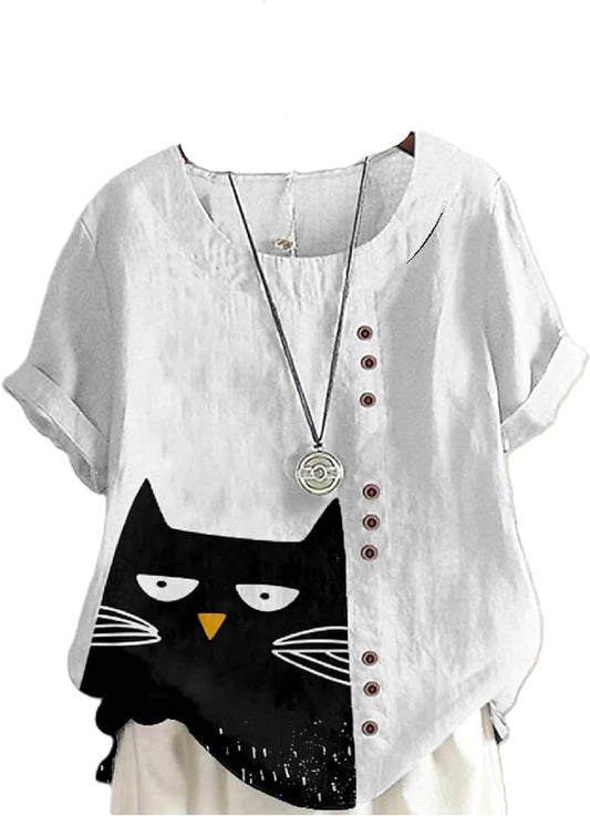 Japanese Print Women Summer Shirts Flower Bird Graphic Plus Size Tunic Tops Crewneck Short Sleeve Blouses