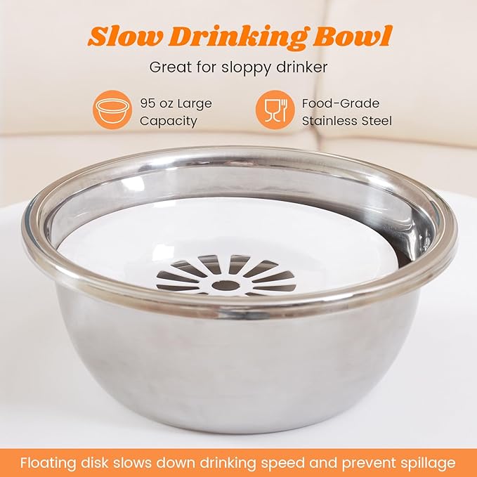 Pawque Raised 95oz Slow Drinking Dog Water Bowl No Spill for Medium Large Breed, Single Elevated Stainless Steel Water Bowl with Floating Disc, Stable Sturdy Base and Snap on Adjustable Height Stand
