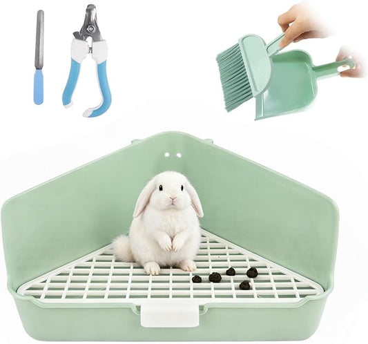 Large Rabbit Litter Box 10" x 10" x 7" with Broom & Grooming Kit, Low-Entry Corner Toilet Pan for Potty Training Rabbits Bunny Guinea Pigs Ferrets (Green)