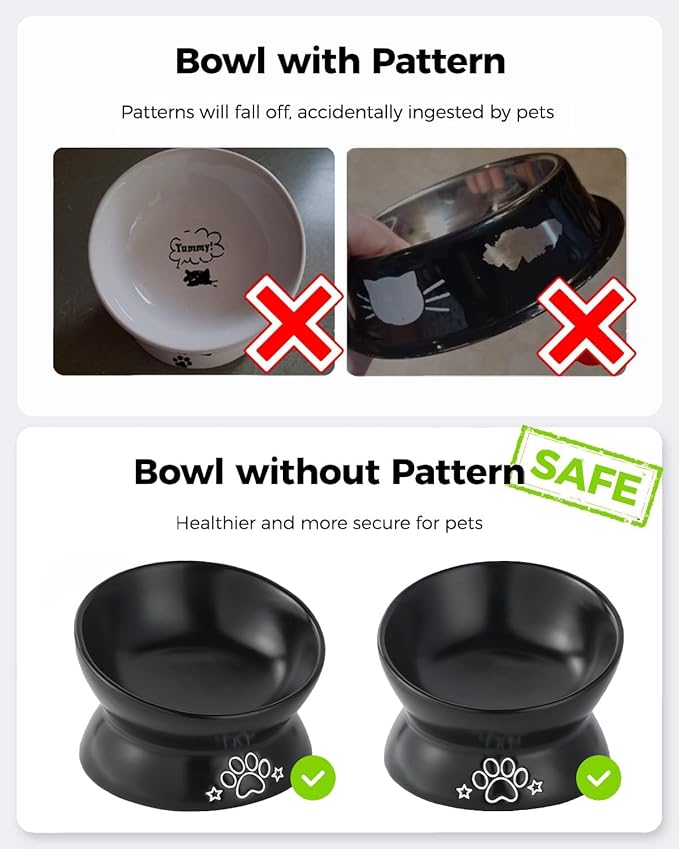 LoeJan Elevated Cat Food Bowl, 5 Oz Ceramic Raised and Tilted Water Bowl, Anti Vomiting and Protect Pets' Spines Dishes for Small Dog, Fat Faced Cat, Kitten (Black Pattern, 1 Pack)