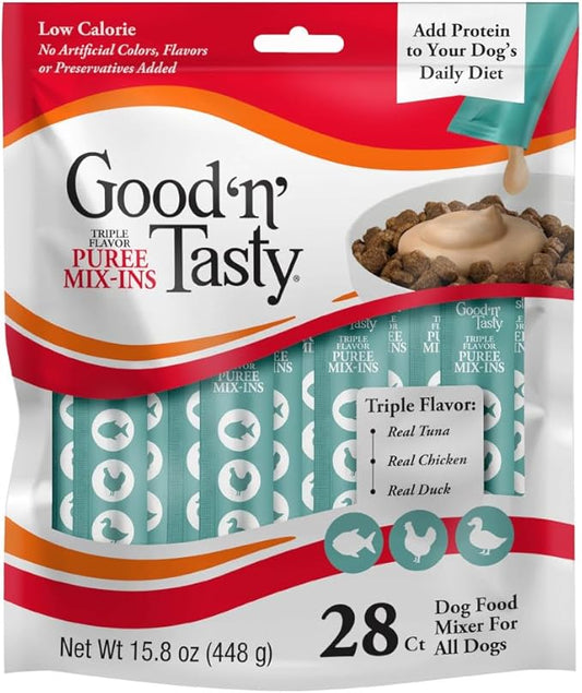 Good 'n' Tasty Triple Flavor Puree Mix-Ins Dog Food Topper Treats for All Dogs, 28 Count, Easy Single-Serve Portions, Added Protein with Tuna, Chicken and Duck