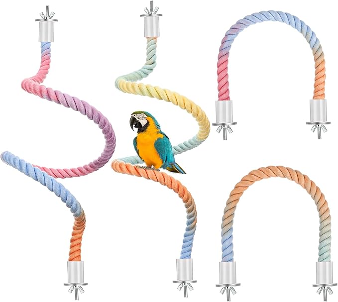 4 Packs Gradient Bendable Bird Rope Perches, Parrot Bird Perch Rope Stand for Cage Climbing Rope Toys Cotton Swing Climbing Rope Standing Bungee Toy for Parakeet Lovebirds Cockatiels Budgies