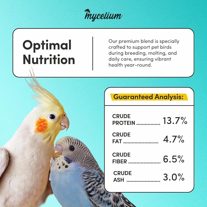 Mycelium Pet Bird Superfood | Bird Seed for Parakeets, Finches, Canaries | Vitamin-Enhanced Mix with Egg, Millet, Canary Seed, & Kelp | Feather & Molting Support | Organic & Non-GMO 5 lb Bag